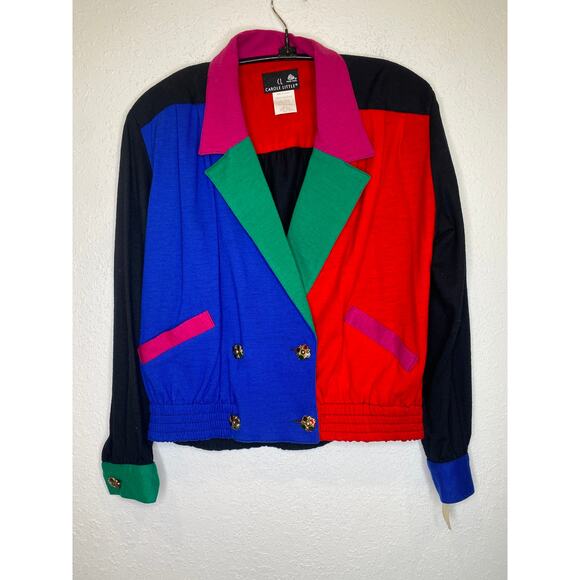 Vintage Jackets & Blazers - Carole Little Colorblock Lightweight Merino Wool Blazer Jeweled Buttons NWT Sz 4